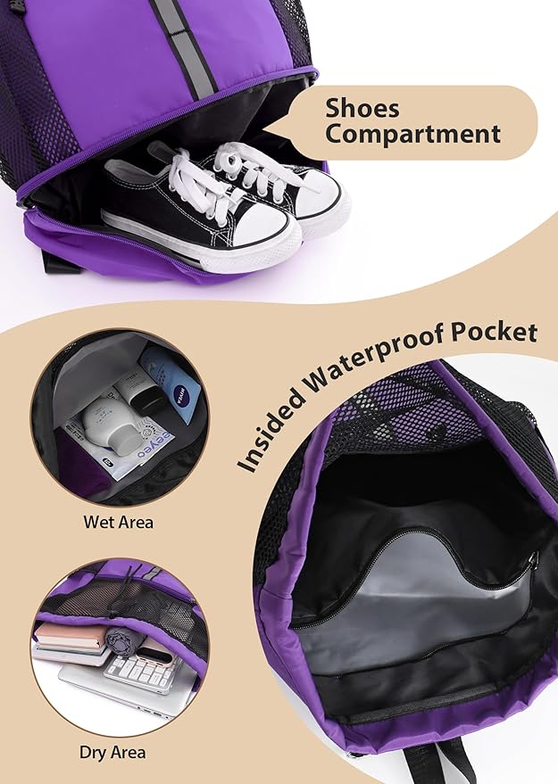 U.helper Waterproof Gym Drawstring Backpack, Sports Sack with Shoes Compartment & Wet Pockets for Ball/Beach/Swim Training (Purple)