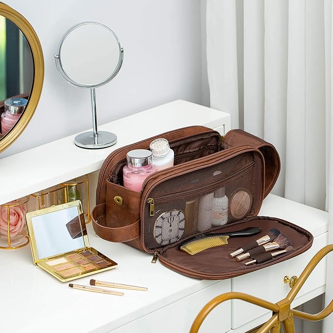 Elviros Toiletry Bag for Men, Large Travel Shaving Dopp Kit Water-resistant Bathroom Toiletries Organizer PU Leather Cosmetic Bags (Medium, Dark Brown)