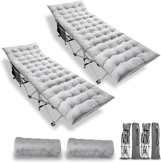 Zento Camping Cot and Mattress Folding Outdoor Travel Bed 2 Pack - Heavy Duty Max Load 450 LBS Premium Quality Cot Bed with Pad for Comfort Sleeping for Travel Home and Anytime Use