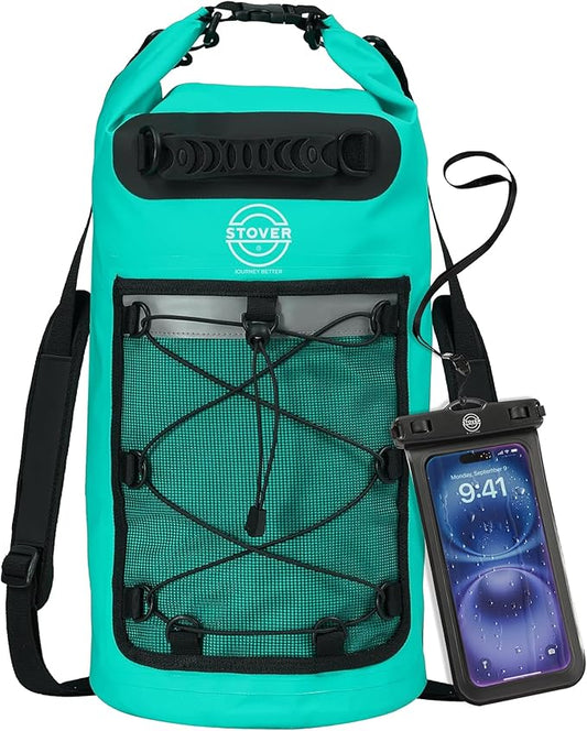 STOVER 5/10/25/30/40/55L Waterproof Dry Backpack & Phone Case- Medium Floating Dry Bag for Kayaking, Travel, Hiking, Fishing, Camping, Motorcycles & Beach, Heavy-Duty Roll Top Men/Women (Teal)