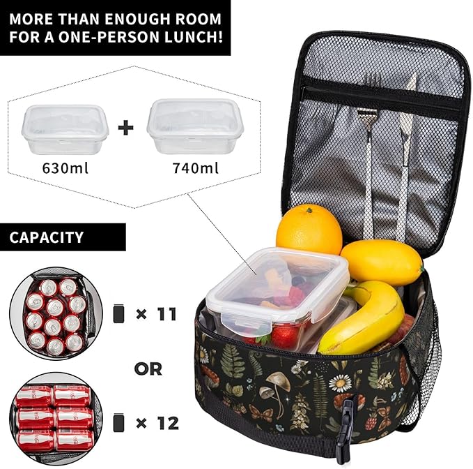 Vintage Witchcraft Mushroom Insulated Lunch Bag Reusable Cooler Lunch Box Portable Leakproof Thermal Container Tote Bags for Girls Boys School Travel