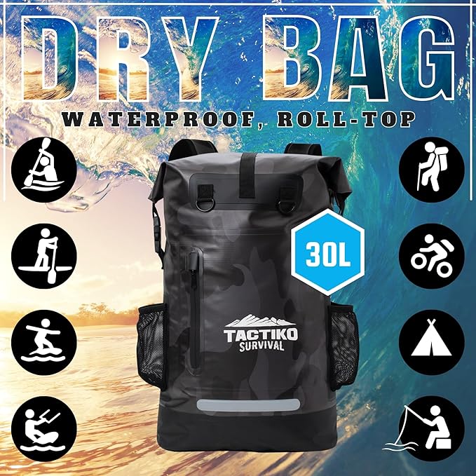 TACTIKO 30L Heavy-Duty 100% Waterproof Backpack, Roll Top Dry Bags for Kayaking, Hiking, Camping, Survival