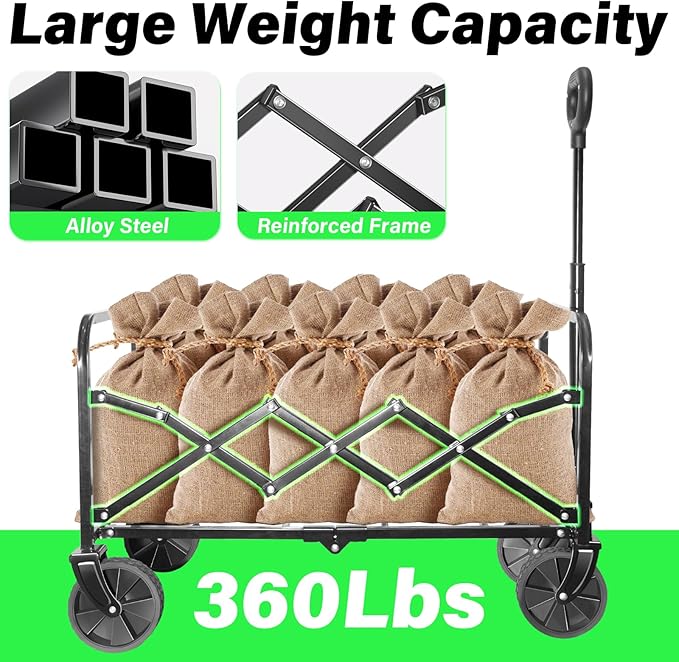 Wagons Carts Foldable - 360Lbs Collapsible Folding Wagon - Wagon Cart with Wheels Portable for Sports, Camping, Storage, Travel, Shopping - Black2