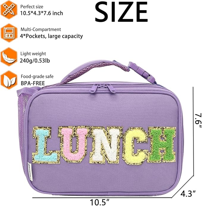 Insulated Lunch Box for School, Thermal Reusable Durable Freezable Lunch Bags for Kids Boys Girls Men Women - Small Soft Cooler Portable Lunch Tote Kit for Work Picnic Travel,Purple Alphabet