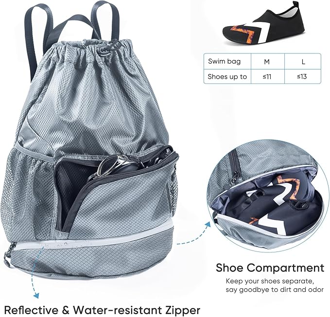 Swim Bag Beach Backpack Sports Drawstring Backpack - Gym Bag with Shoes Compartment and Waterproof Pocket for Gym Accessories, Swim Essentials - Kids Swim Backpack Mens Beach Bag, Workout Bag