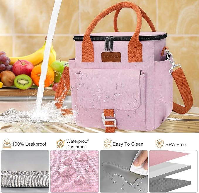 Joymee Insulated Lunch Bag for Women/Men, Waterproof Lunch Box for Office Work Picnic Beach, Reusable Large Leakproof Cooler Tote Bag with Adjustable Shoulder Strap & Side Pocket, Pink