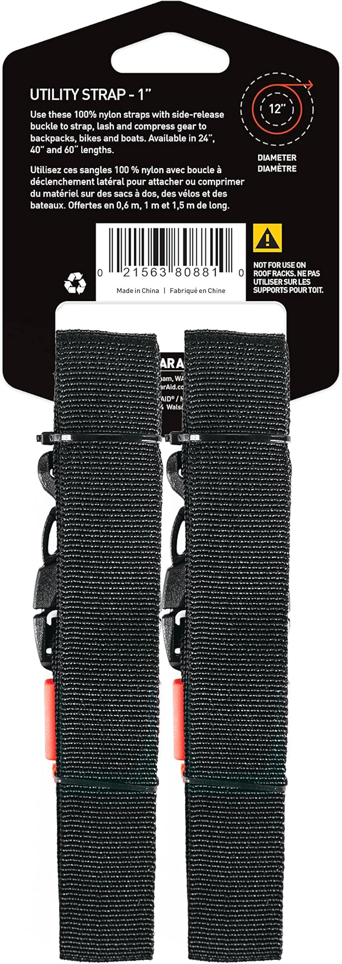 GEAR AID Utility Straps with Side-Release Buckle, Secure and Compress Camping, Biking, Hunting, Boating Gear, Multiple Sizes 1" x 40"