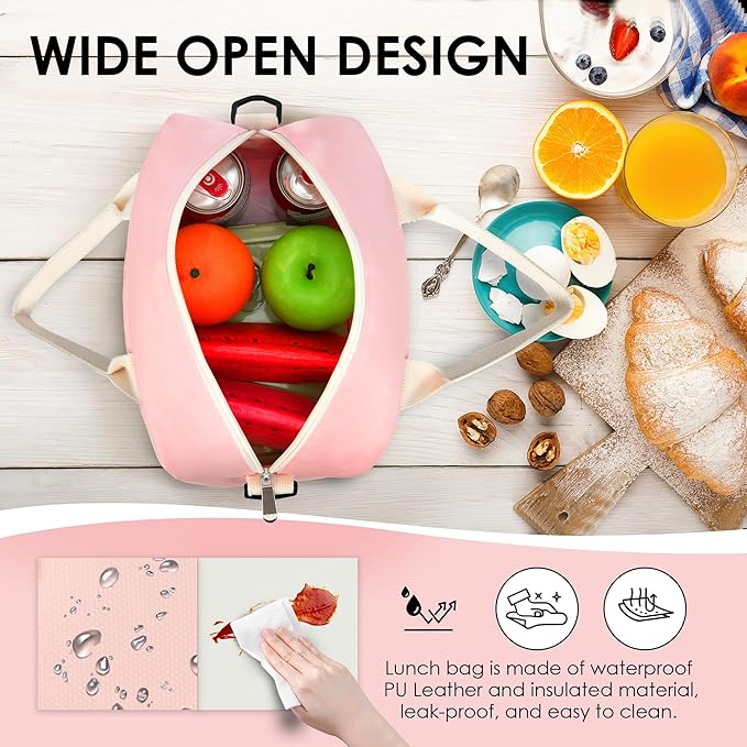 LOKASS Lunch Bag for Women-Insulated Adults Lunch Box with Front Pocket- Small Cute Lunch Tote for Work-Reusable Cooler Bag for Office Picnic Beach or Travel（pink）