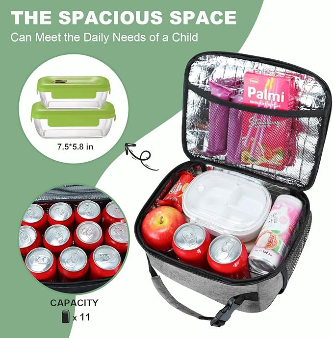 Kids Lunch Box for Boys Girls Lunch Bag Insulated Durable Lunchbox Children Lunch Tote Bag for School Grey