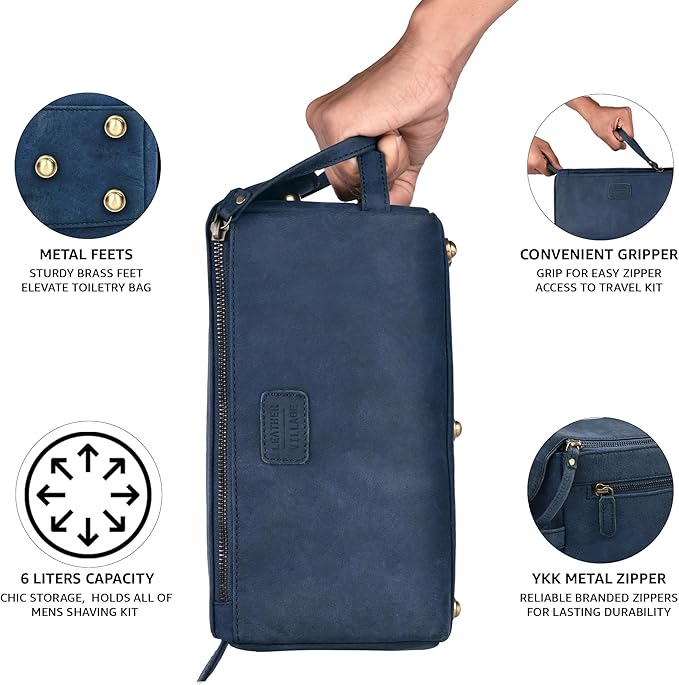 LEATHER VILLAGE Premium Leather Travel Toiletry Bag - Unisex Water-Resistant Travel Dopp Kit, Shaving & Cosmetic Organizer for Men & Women - Compact Bathroom Essentials - Royal Blue