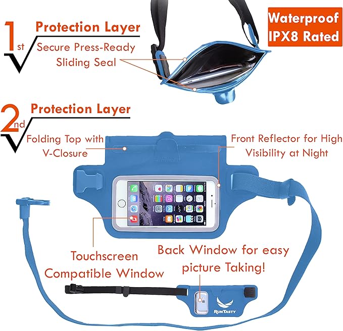 Ultimate Blue Waterproof Running Swimming Belt: Phone & Essentials Holder for Gym, Beach, Kayaking, Ski! Fits iPhone, Samsung - Touchscreen, IPX8 Rated Dry Waist Pouch - Adventure-Ready Performance!