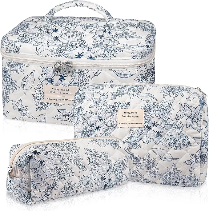 Makeup Bag Set, Quilted Floral Cosmetic Bags for Women, Cute Cotton Makeup Organizer, Travel Toiletry Bag Set (Navy Blue)