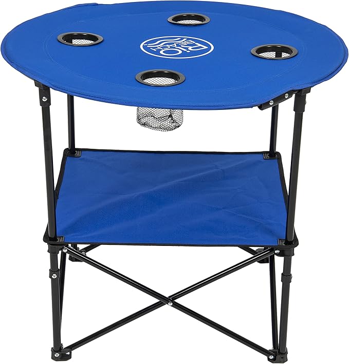 Rio Brands 28" Round Lightweight Fabric Portable Folding Beach Table with Cupholders, Blue