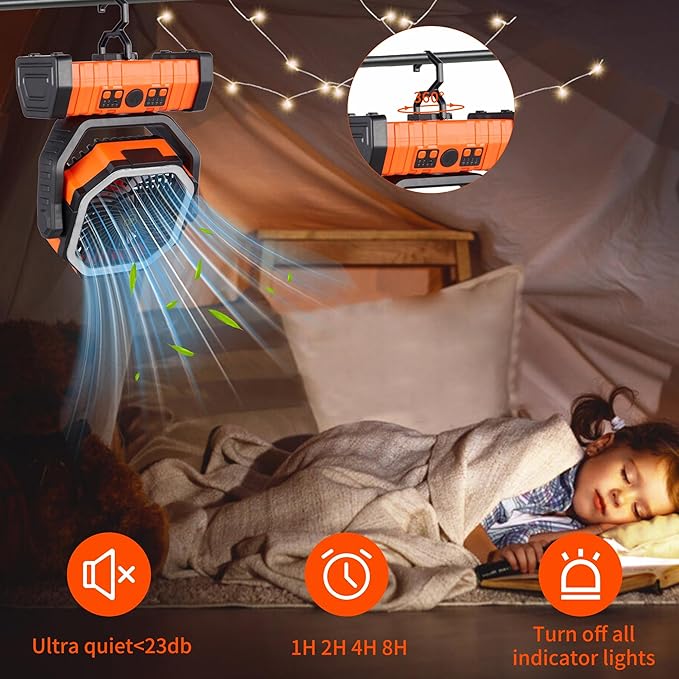 Rechargeable Fan,Operated Camping Battery Powered Fan with Hook&Bright LED Light,Remote Control Timer Auto Oscillation Cordless Outdoor for Power Outage,Picnic,Barbecue,Fishing,Travel,Jobsite,Home