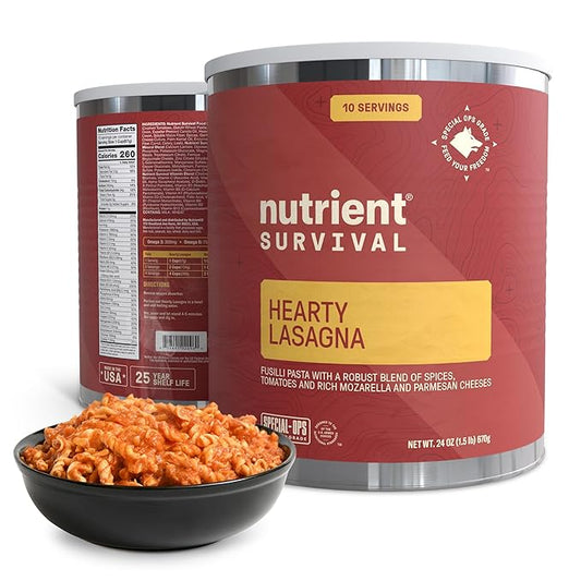 Nutrient Survival MRE Hearty Lasagna, Ready to Eat Meals (10 Servings) Freeze Dried Prepper Supplies & Emergency Food Supply, 40 Essential Nutritients, Shelf Stable Up to 25 Years, One Can
