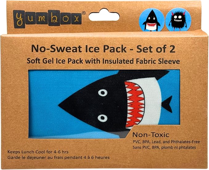 Yumbox Reusable Soft Ice Packs with Fabric Sleeve for Lunch Box and Cooler, Sweatproof, Pack of 2 Gel Ice Packs (Monster Shark)