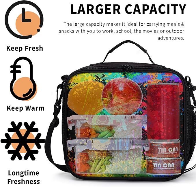Graffiti Game Pattern Lunch Bag Watercolor Doodle Game Lunch Boxes for Women/Man Office Work Travel School Work Picnic Durable Reusable Insulated Large Lunch Tote Bag with Adjustable Shoulder Strap