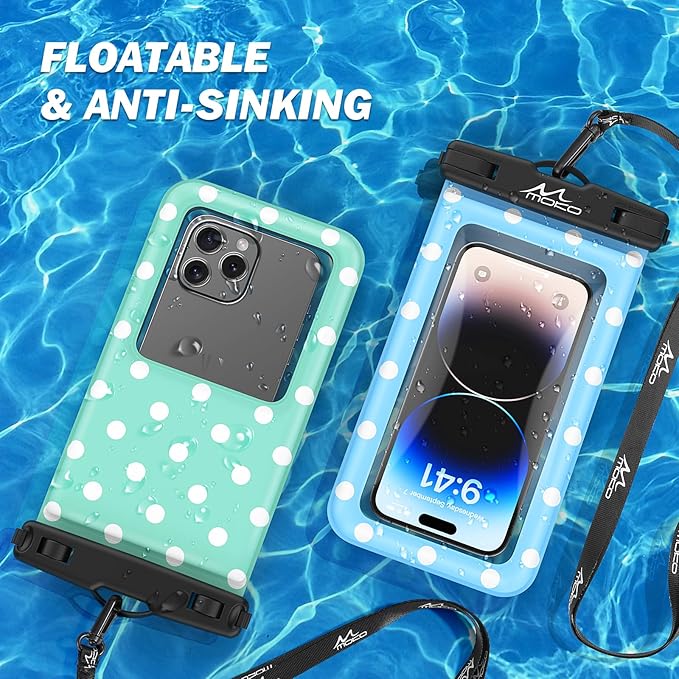 MoKo Large Waterproof Phone Pouch - 2 Pack Floating Water Protector Case Dry Bag with Detachable Lanyard, Compatible for iPhone 15 14 13 Pro Max, Galaxy S23 S22 Ultra, MintGreen+SkyBlue