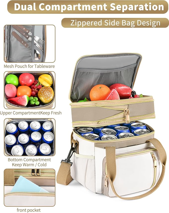 LOKASS Lunch Bag for Women/Men Work, 16L Expandable Double Deck Lunch box, Waterproof Leak-proof Cooler Bag, Portable Meal Prep Lunchbag with Adjustable Shoulder Strap - Brown