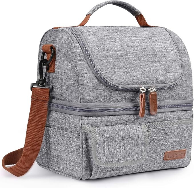LOKASS Lunch Bag Double Deck Insulated Lunch Box Large Cooler Tote Bag with Removable Shoulder Strap Wide Open Thermal Meal Prep Lunch Organizer Box for Men/Women/Adults/Work/Outdoor, Gray