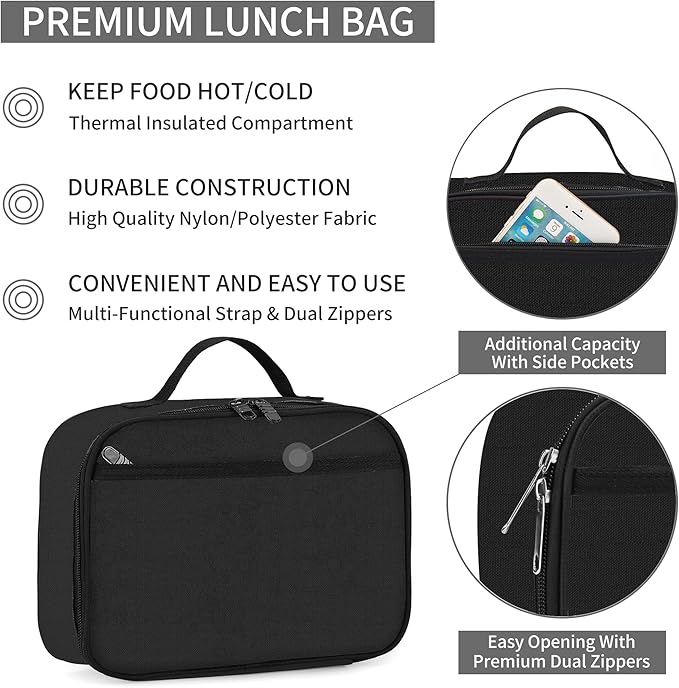 rickyh style Lunch Box with Padded Liner, Spacious Insulated Lunch Bag Durable Thermal Lunch Cooler Pack with Strap for Boys Girls Adults School Sports Beach Picnic Work Camp,2 Pocket (LBhei)