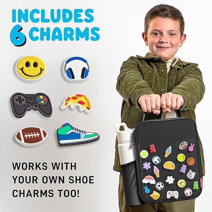 Fit & Fresh Lunch Box For Kids, Boys & Girls, School, Camp, Insulated Bag With Shoe Charm Slots For Personalization, Black