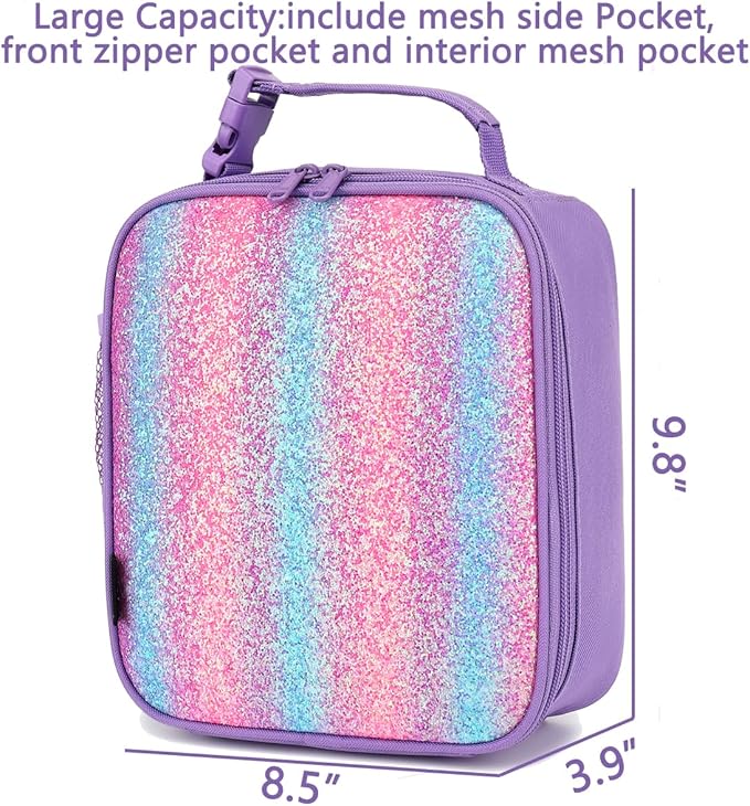 FlowFly Lunch box Insulated Soft Bag Mini Cooler Back to School Thermal Meal Tote Kit for Girls, Boys,Purple#Glitter