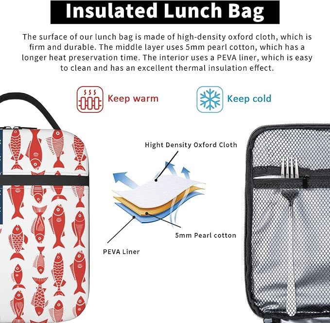 American Flag Fish Lunch Bag Insulated Reusable Lunch Box Thermal Cooler Tote For Men Women Work Travel Picnic Hiking