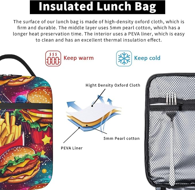 Hamburger Lunch Bag Insulated Reusable Lunch Box Thermal Cooler Tote For Men Women Work Travel Picnic Hiking