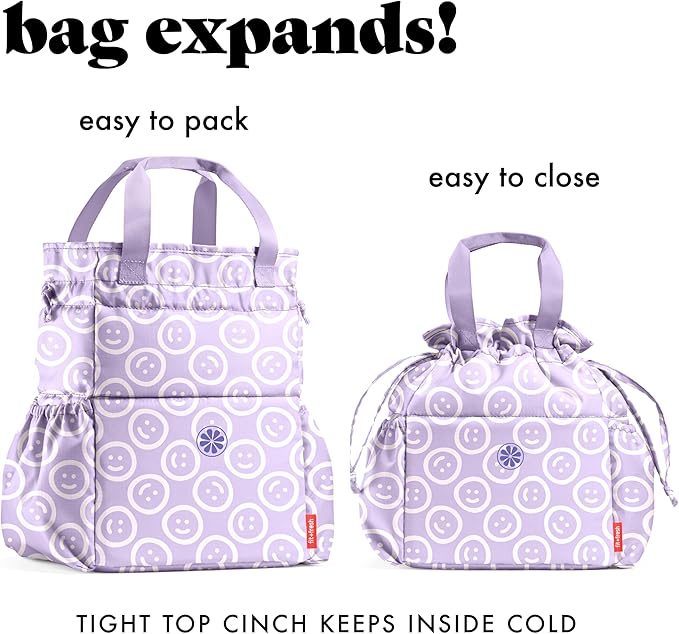 Fit & Fresh Lunch Bag For Women, Insulated Womens Lunch Bag For Work, Stain-Resistant Large Lunch Box For Women With Containers, Cinch Closure Cromwell Bag, All Smiles Lavender