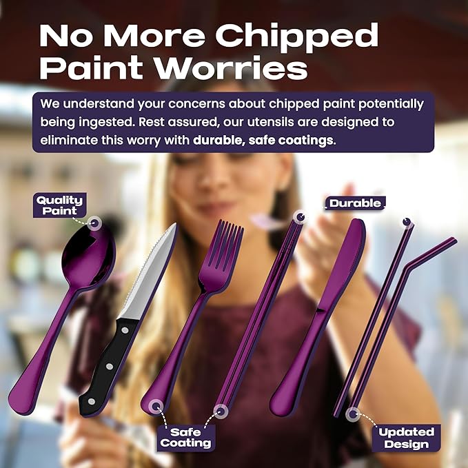 Portable Travel Silverware Set With Case, Includes 10 Pcs of Travel Utensils With Case, Stainless Steel Flatware Set For Camping, Lightweight (Purple)
