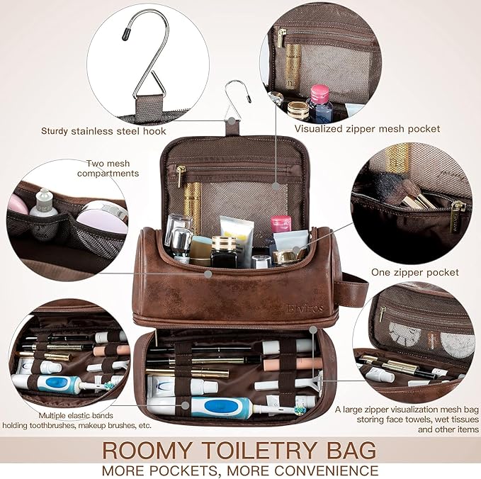 Elviros Toiletry Bag for Mens PU Leather Travel Organizer Kit with Hanging hook, Large Water-resistant Toiletries Bathroom Shaving Bags (Extra Large, Dark Brown)
