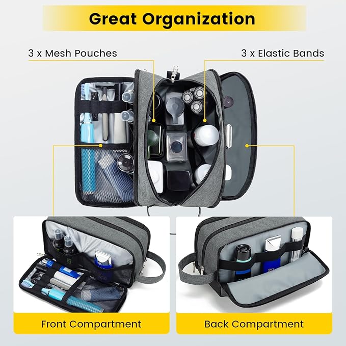 Vorspack Travel Toiletry Bag - Toiletry Bag for Men Water Resistant Skincare Bag Dopp Kit for Bathroom Toiletries Accessories Gifts - Grey