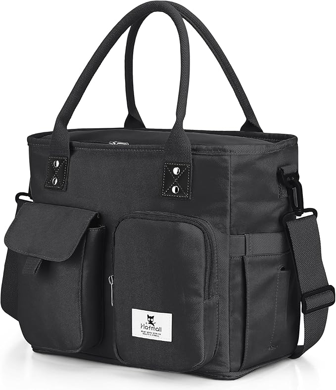 Hafmall Large Insulated Lunch Bag for Women Men, Leakproof Lunch Box for Adults, Wide Opening Lunch Tote Bag with Shoulder Strap, Reusable Lunch Cooler Bag for Work, Picnic, Black