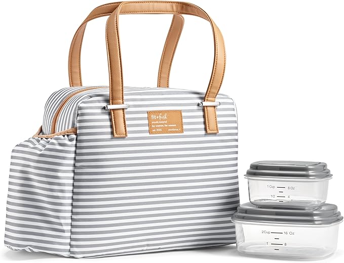 Fit & Fresh Insulated Leakproof & Stain-Resistant Large Lunch Box For Women With Expandable Bottle Pocket, Laketown Lunch Bag Gray Stripe