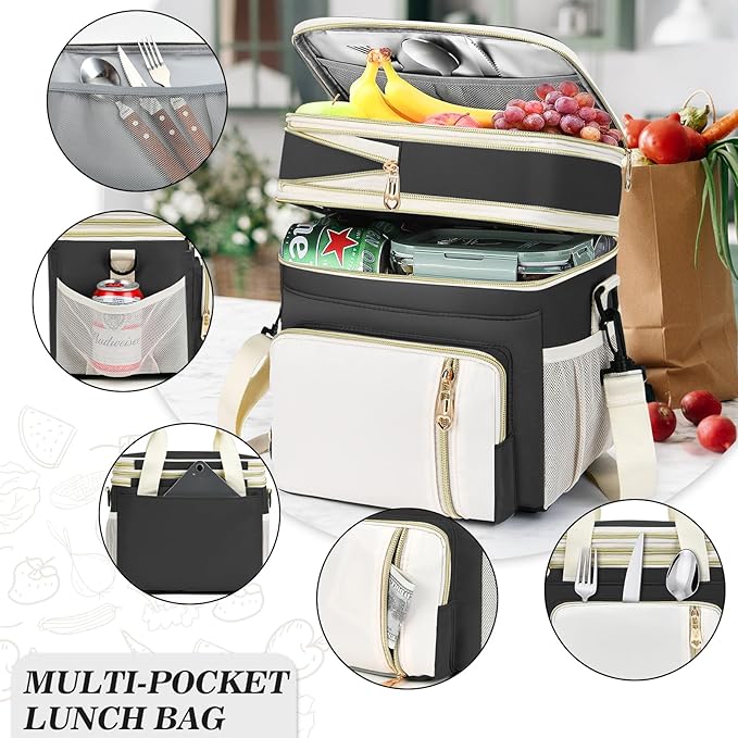 Lunch Box & Lunch Bag for Women Men, Large Insulated Adult Lunch Box Leakproof Lunchbox Cooler Bag for Work Picnic Beach,16L, Black & White