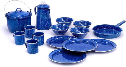 GSI Outdoors Camp Dinnerware Set I 4-Person Set Includes Pioneer Enamel Percolator, Frypan, Kettle, Bowls, Plates & Coffee Mugs