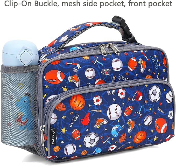 FlowFly Kids Lunch box with buckle Insulated Cooler Back to School Thermal Meal Tote Kit for Girls, Boys (Rugby)