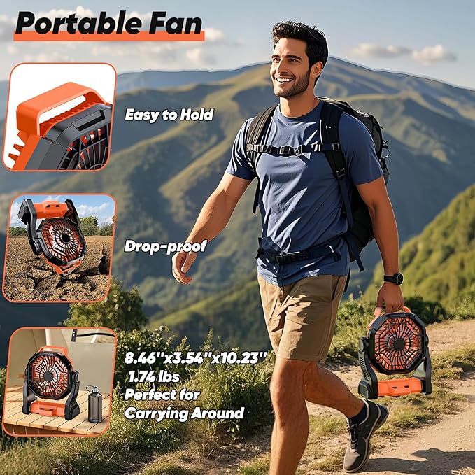 Portable Rechargeable Camping Fan, 10-Inch Battery Operated Fan, Quiet Table Fan with LED Lights, 4 Fan Speeds and 125°Rotation, Rechargeable Beach fan for Travel, Fishing, Picnic, Orange