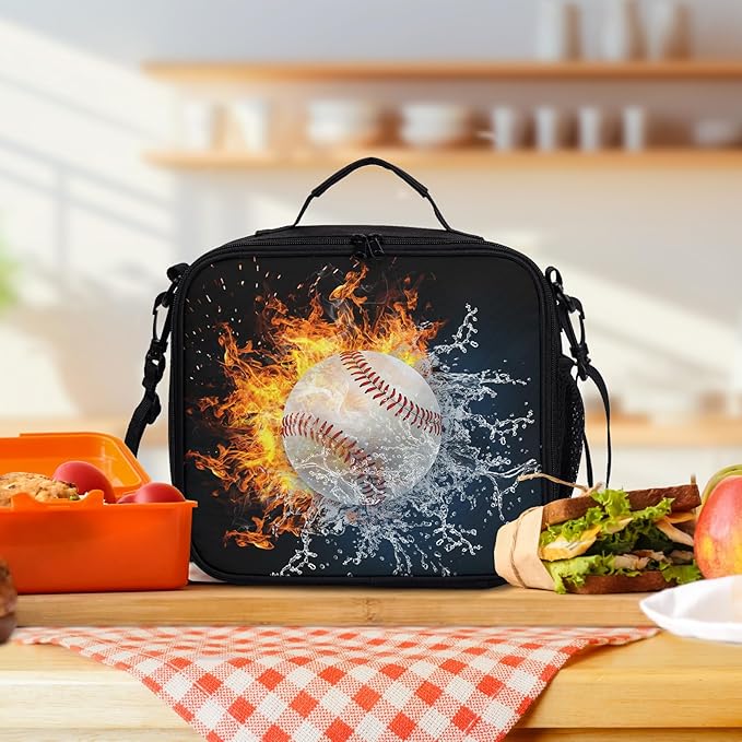 Fire Ice Baseball Pattern Lunch Bag Fire Sport Baseball Lunch Boxes for Women/Man Office Work Travel School Work Picnic Durable Reusable Insulated Large Lunch Tote Bag with Adjustable Shoulder Strap