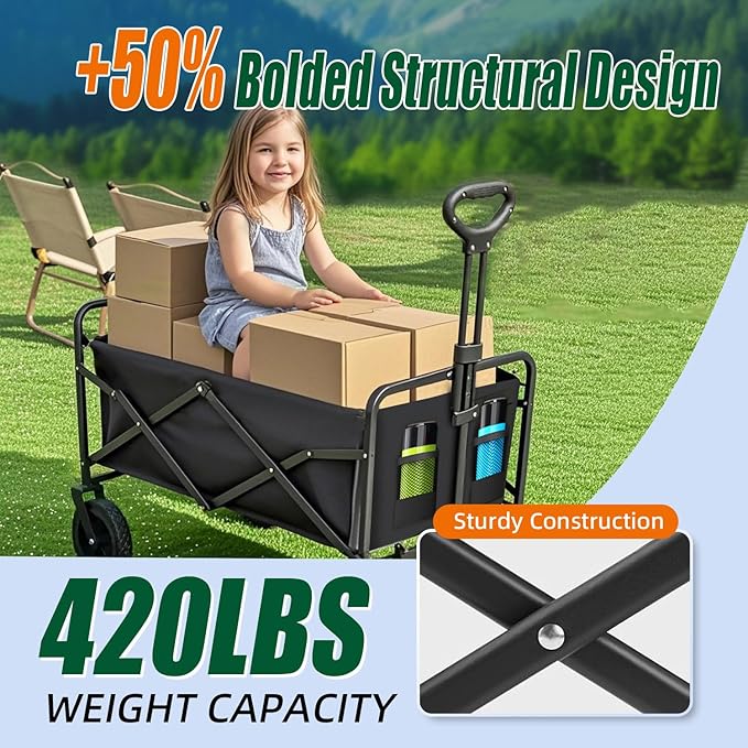 Collapsible Wagon Cart Foldable 37" L 420lbs Capacity, Heavy Duty Beach Wagon, Shopping Carts with Wheels for Grocery, Camping, Shopping, Beach, Fishing, Garden Cart