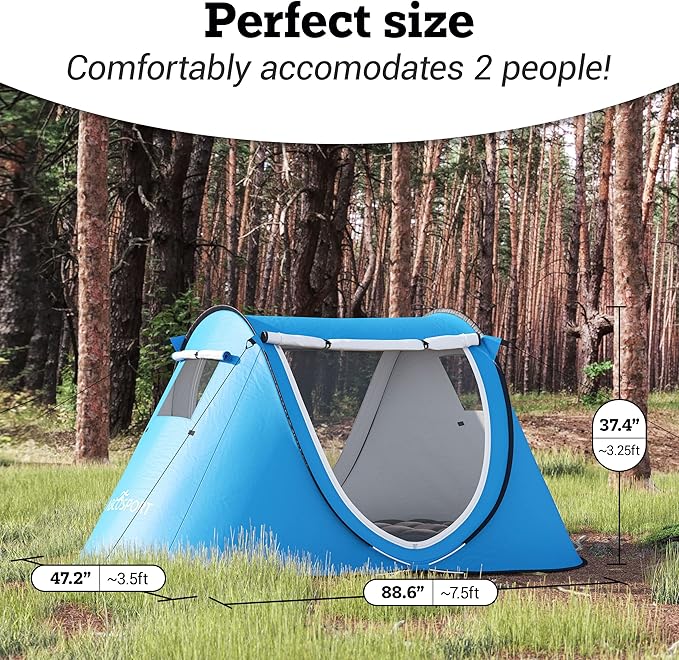 Abco Tech Pop Up Tent - Portable Tent for Camping 2 Person Pop Up with Double Doors - Water-Resistant and UV Protection - Foldable Cabana with Zipper and Carrying Bag - Sky Blue, 88.6"x47.2"x37.4"