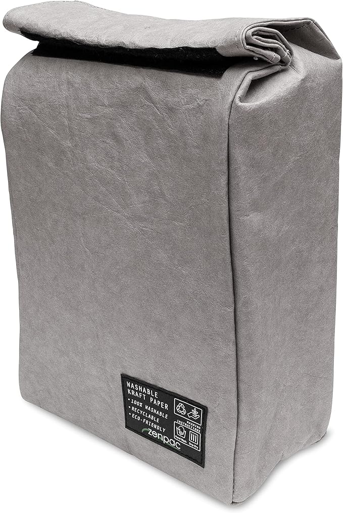 ZENPAC Small Silver Insulated Bag, Lunch Box for Men, Unisex, Designer Kraft, Washable, Spill Proof Sandwich Sack for Work, School, Picnic, 8.5x4.5x12