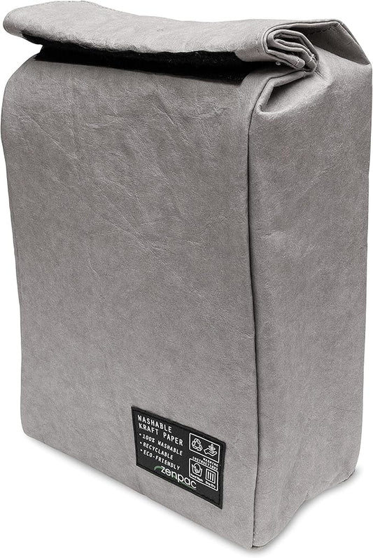 ZENPAC Small Silver Insulated Bag, Lunch Box for Men, Unisex, Designer Kraft, Washable, Spill Proof Sandwich Sack for Work, School, Picnic, 8.5x4.5x12