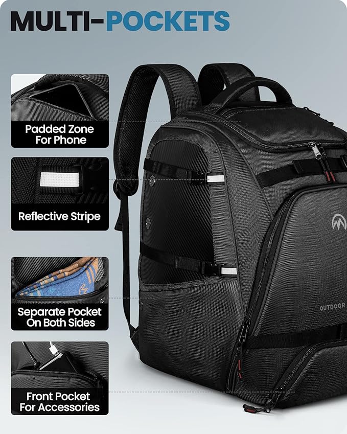 OutdoorMaster Ski Boot Bag, 50L Waterproof Snowboard Bag for Air Travel, Travel Boot Backpack for Ski Helmet, Goggles-Black