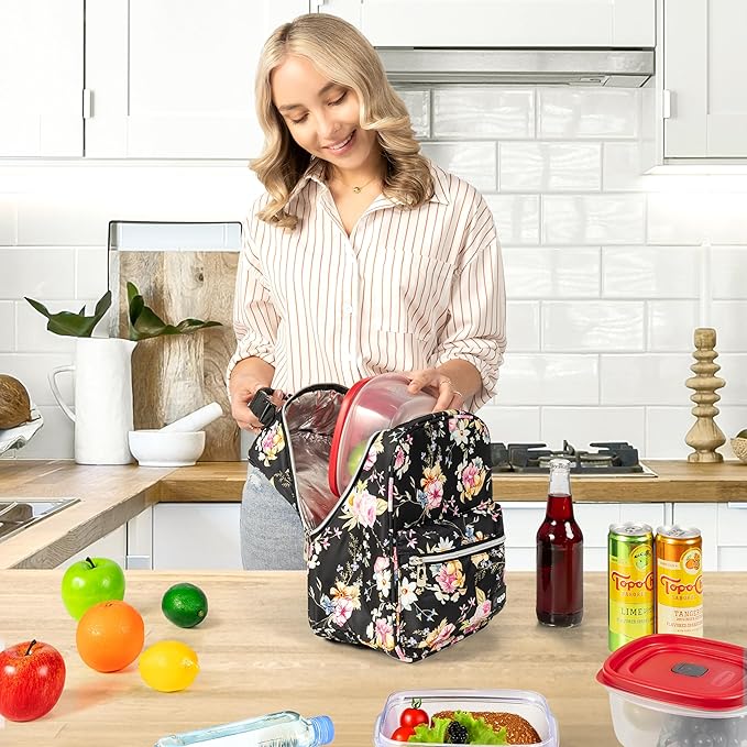 opux Lunch Box for Girls Boys Kids, Insulated Leakproof Lunch Bag, Reusable Teen Lunch Boxes for School, Medium Large lunchbox for Women Men Adult for Work with Front Back Pocket (Floral Black)