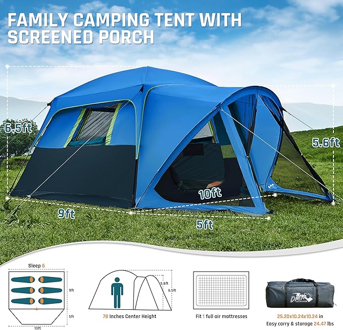 Tents for Camping 6/10 Person Camping Tent with Screen Porch, Weatherproof Large Cabin Tent with Rainfly and Carry Bag, Family Tent for Outdoor Camping and Backyard