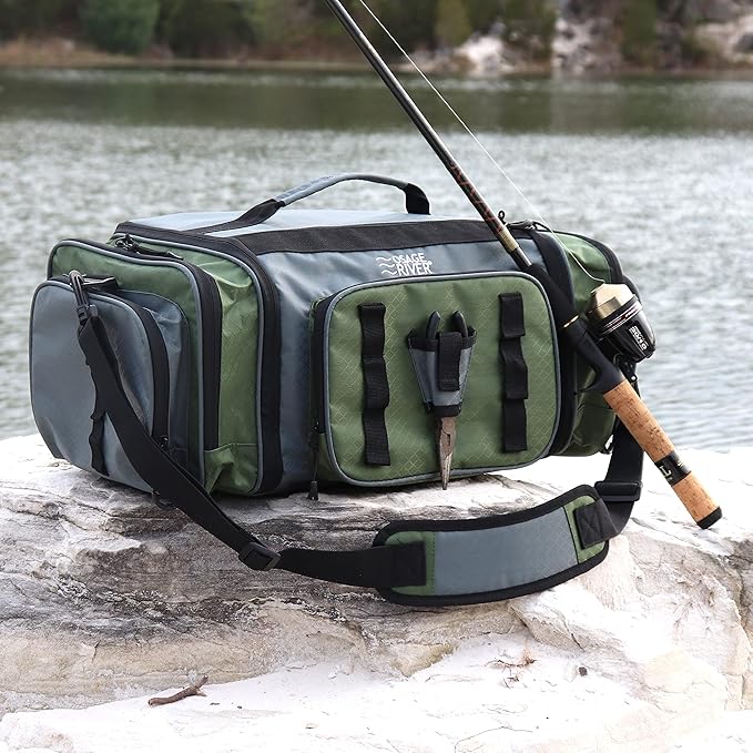 OSAGE RIVER Large Waterproof Fishing Tackle Bag with Padded Shoulder Strap, Ripstop Soft Sided Bag with Fishing Pliers Holder