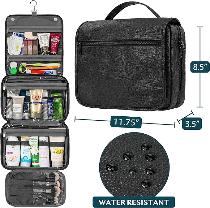 PAVILIA Hanging Toiletry Bag Women Men, Foldable Cosmetic Organizer Travel Bag, Water Resistant Makeup Bag Toiletries, Large Travel Essentials Kit (Black)