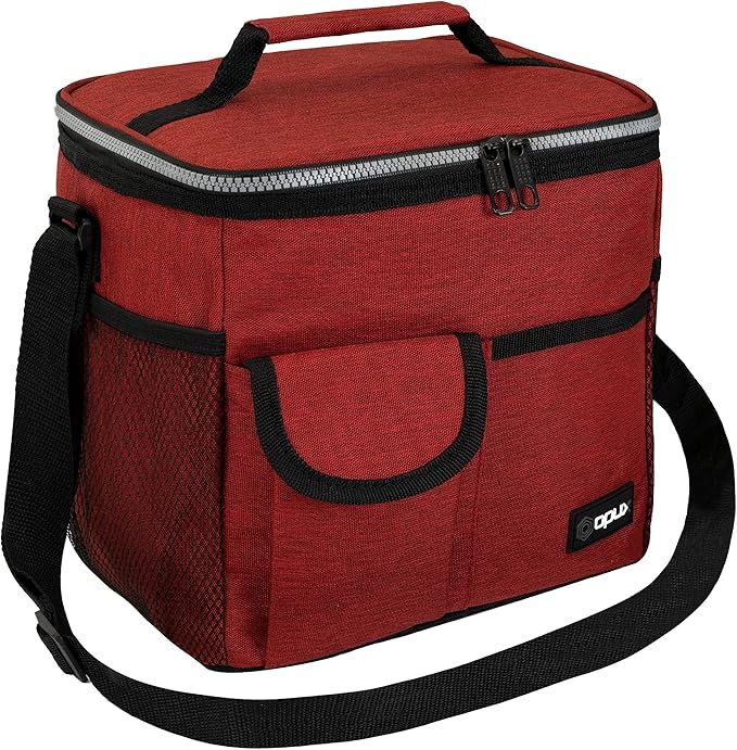 opux Insulated Lunch Bag for Men Women, Leakproof Heather Red Lunch Box for Work, Portable Soft Lunch Cooler Bag with Shoulder Strap, Adult Lunchbox Lunch Pail for Kid Boy Girl School, 18 Can/10L